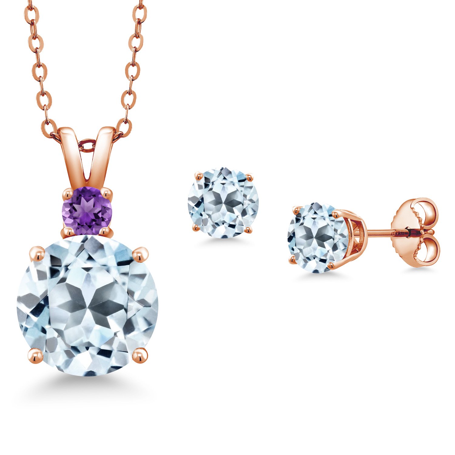 Gem Stone King 18K Rose Gold Plated Silver Round Sky Blue Topaz and Purple Amethyst Pendant and Earrings Jewelry Set for Women (6.33 Cttw, Gemstone Birthstone, with 18 inch Chain)