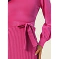 thumbnail image 5 of INSPIRE CHIC Women's Dress Knit Crew Neck Lantern 3/4 Sleeve Belted Pleated Hem Dresses​ S Plum, 5 of 6