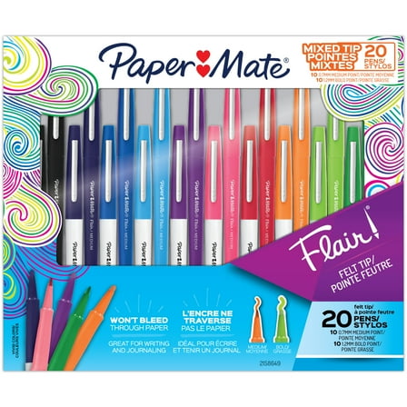 Paper Mate Flair Felt Tip Pens, Bold And Medium Point, 0.7 mm, Assorted Colors, Pack Of 20 Pens