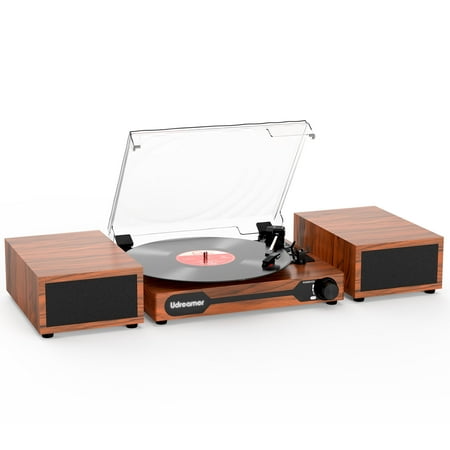 Udreamer Record Player Vinyl Bluetooth Record player with speakers  Turntables for vinyl records  Brown Lights Logo