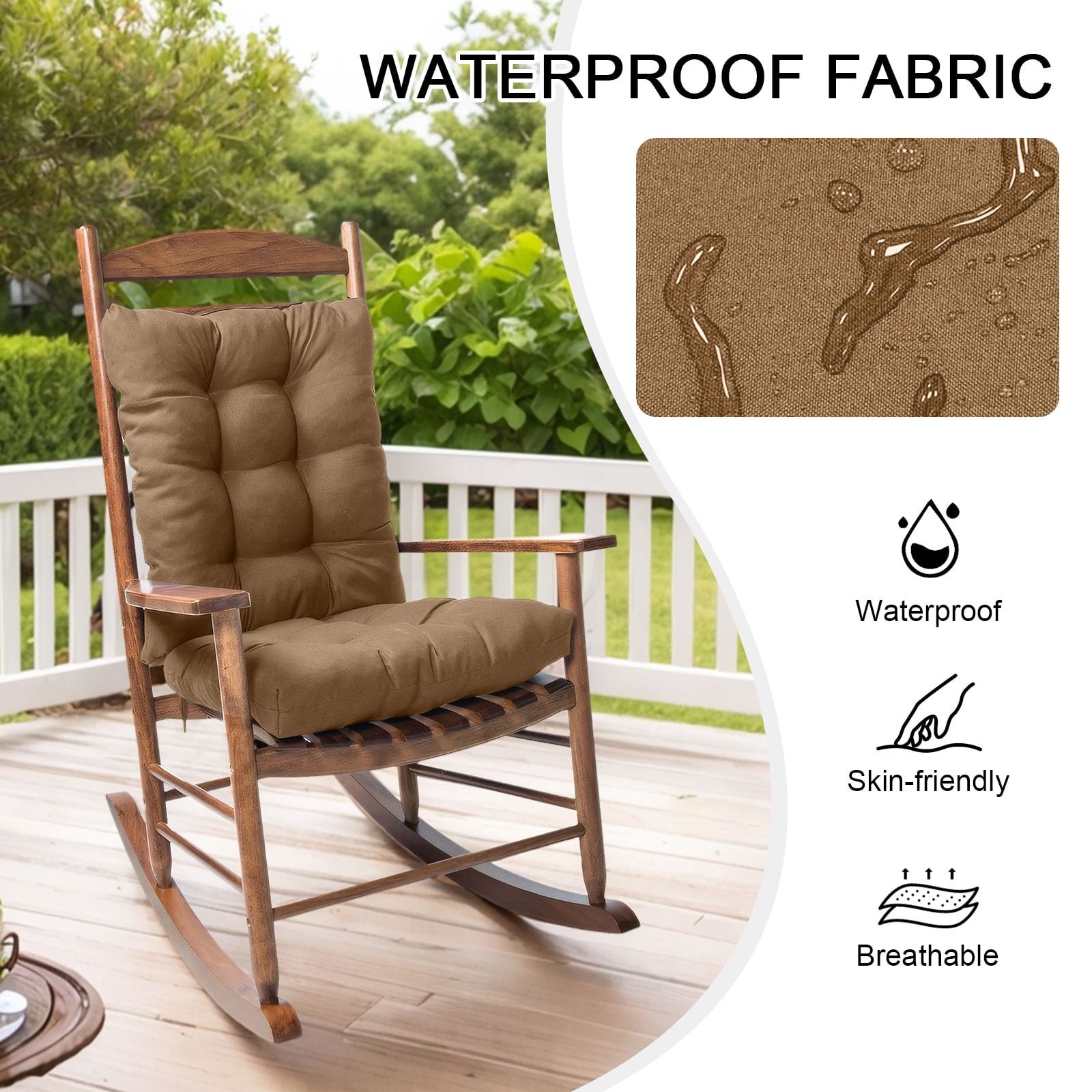 TOPCHANCES Indoor/Outdoor Rocking Chair Cushions Set, 2 Piece Tufted Comfortable Cushions for Rocking Chairs with Non-Slip Ties, Khaki