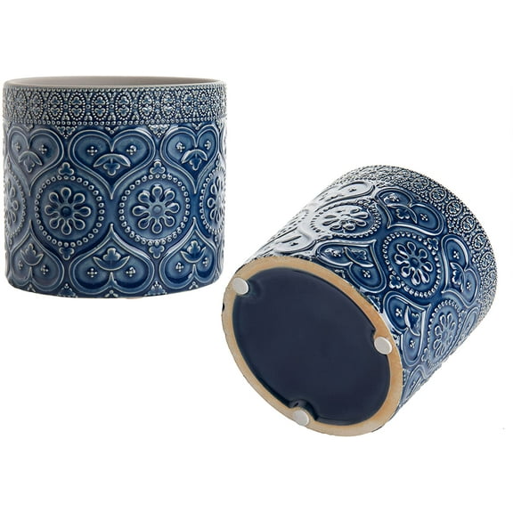 MyGift 4 Inch Cobalt Aqua Ceramic Floral Embossed Succulent Planter Pot, Set of 2