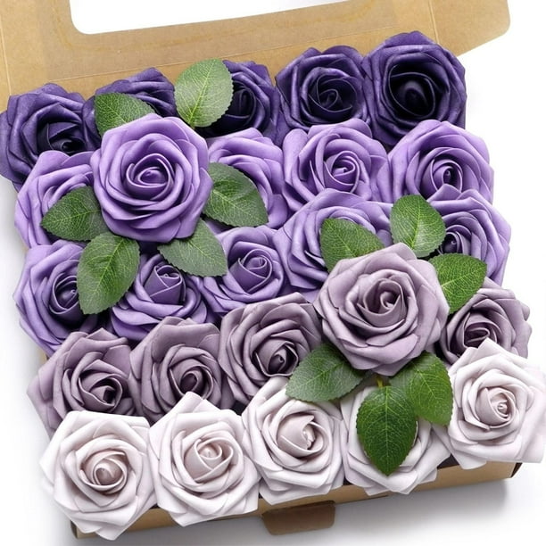 Rosas artificiales con degradado de rosas polvorientas, 25 unidades con tallos para centros de mesa de ramos de boda DIY (degradado morado)