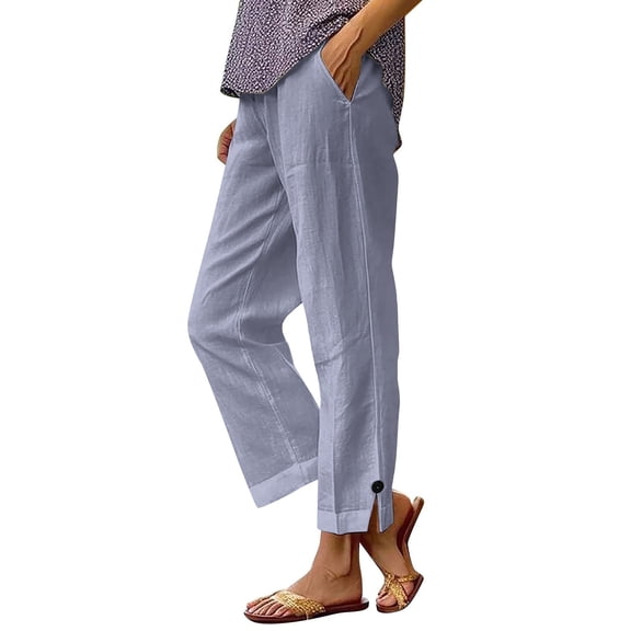 CQONEPT Women's Linen Cotton Pants Bootcut Comfy Lounge Baggy Pant Straight Leg Streetwear Trousers with Pocket Blue 2XL