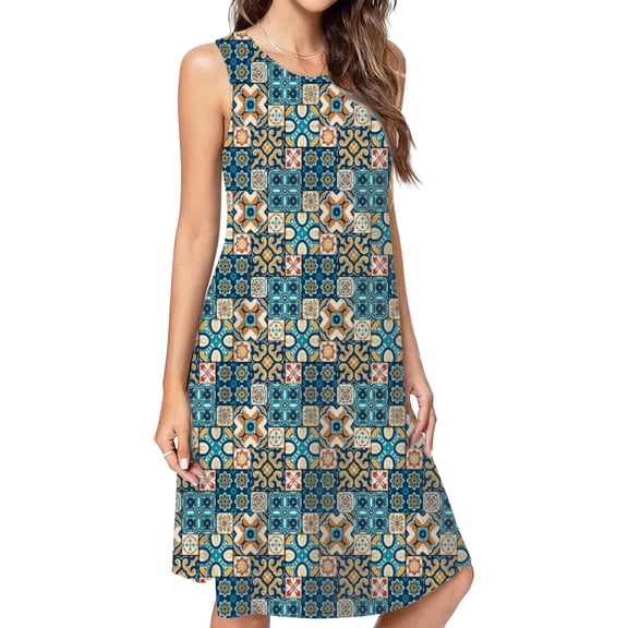 Traditional Ornate Portuguese Pattern Casual Sleeveless Loose Sundress Dress For Women Summer Dress Daily Woman