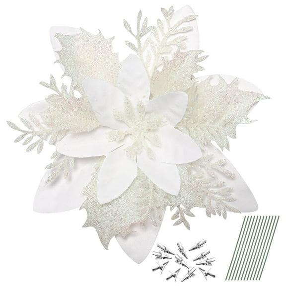 Toyandona 12Pcs White Glitter Poinsettia Flowers Christmas Tree Ornaments Artificial Floral Clips