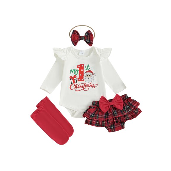 BemeyourBBs Baby Girl Christmas Outfit Includes Romper Plaid Shorts Headband Socks