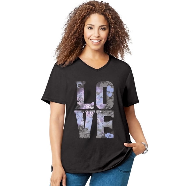 Just My Size T-Shirt Graphique à Manches Courtes pour Femmes, 2X, Love Black