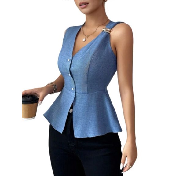 Womens Summer Vest Tops Dressy Business Casual V-Neck Sleeveless Button Down Trendy Outfits Blue XL