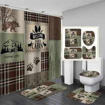4PCS Bear Shower Curtain Set, Patchwork Brown Plaid Woodland Animals Hunting Lodge Cabin Country Rustic Farmhouse Bathroom Decor, Waterproof Fabric Shower Curtain, Non-Slip Bath Mat