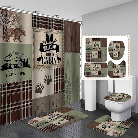 4PCS Bear Shower Curtain Set, Patchwork Brown Plaid Woodland Animals Hunting Lodge Cabin Country Rustic Farmhouse Bathroom Decor, Waterproof Fabric Shower Curtain, Non-Slip Bath Mat