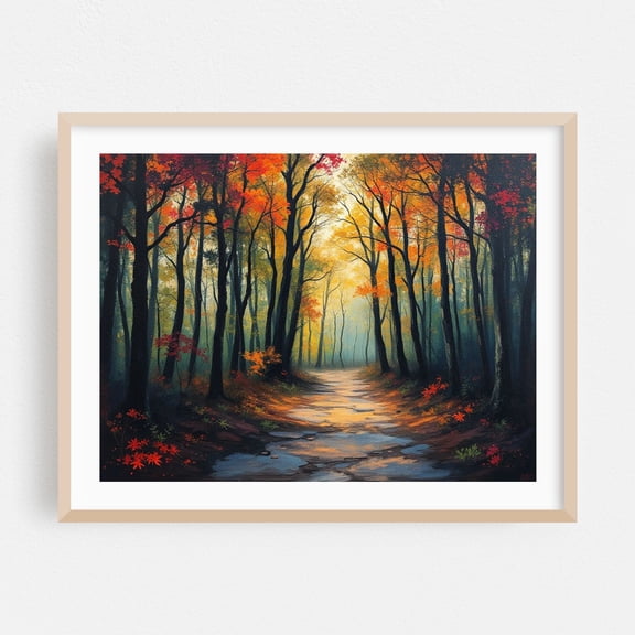 Autumn Path Through the Forest - Painting Autumn Forest Woodland Nature Scenic Landscape Woods Oak Framed Wall Art Print 9 x 12 inches