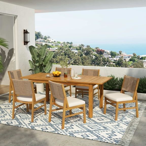 Christopher Knight Home Outdoor Dining Set for 6, Expandable Wood Table & Woven Chairs with Cushions, Natural