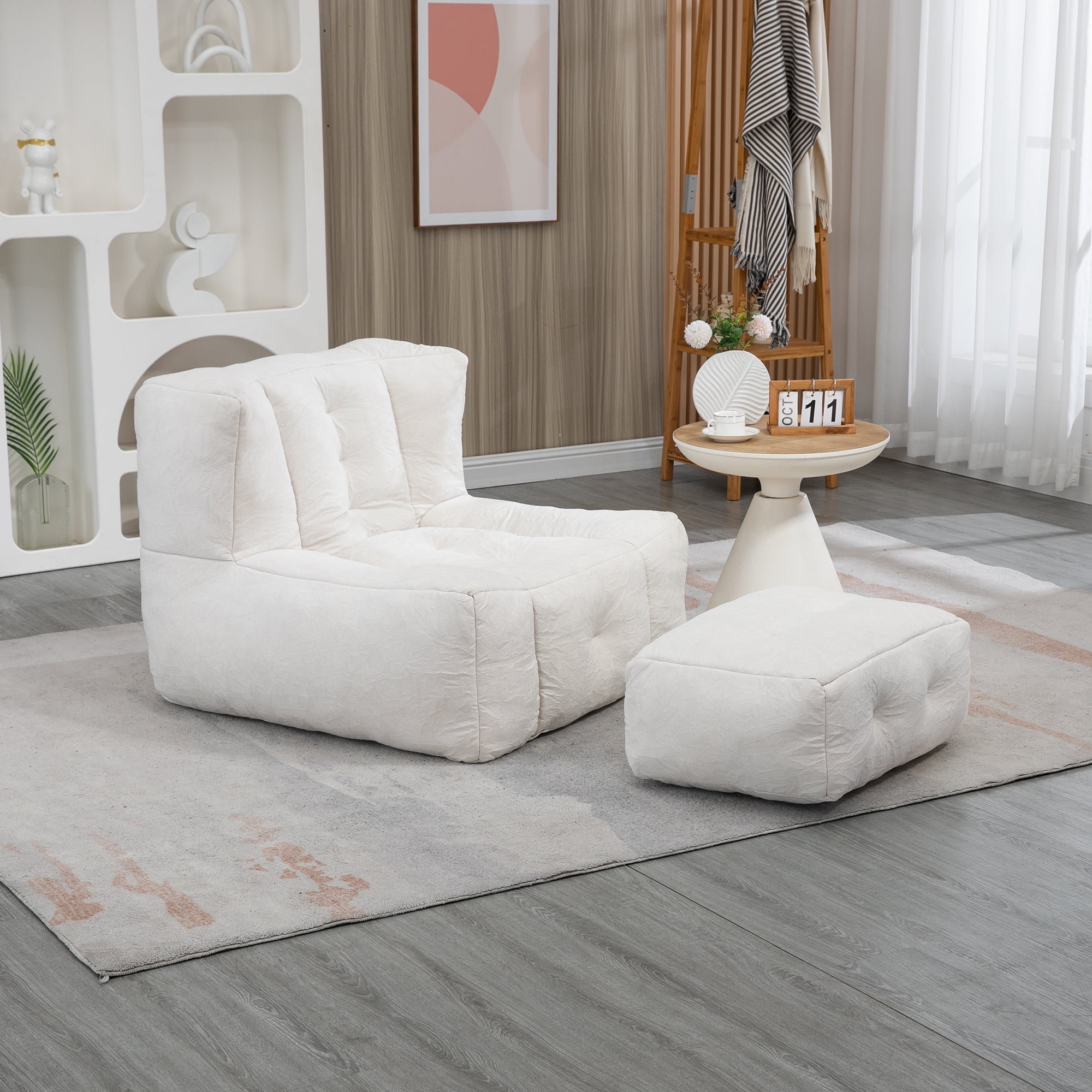 Accent Chair with Ottoman Set,Modern Velvet Bean Bag Chair for Adults and Childs,Upholstered Lazy Sofa Chair Armchair for Living room, Bedroom, Apartment,White