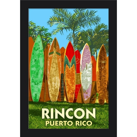 Rincon, Puerto Rico - Surfboard Fence - Lantern Press Artwork (12x18 Giclee Art Print, Gallery Framed, Black