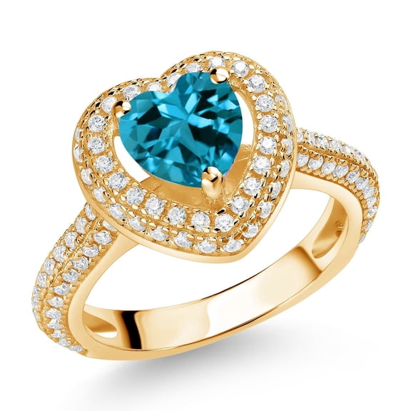 Gem Stone King 18K Yellow Gold Plated Silver London Blue Topaz and White Moissanite Heart Shape Ring for Women (1.57 Cttw, Size 7)