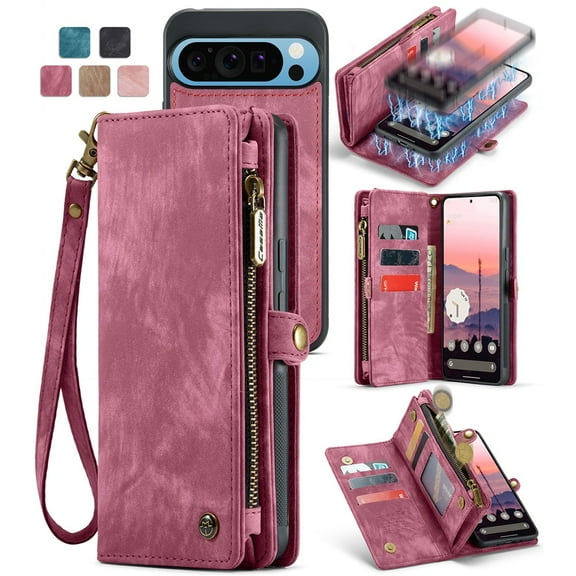 CaseMe Leather Case for Google Pixel 9 Pro XL,2 in 1 Detachable Wallet Case with 8-Card Holder Zipper Bills Slot,Magnetic Shockproof Flip Leather Cover Zipper Pocket Phone Cases,Red