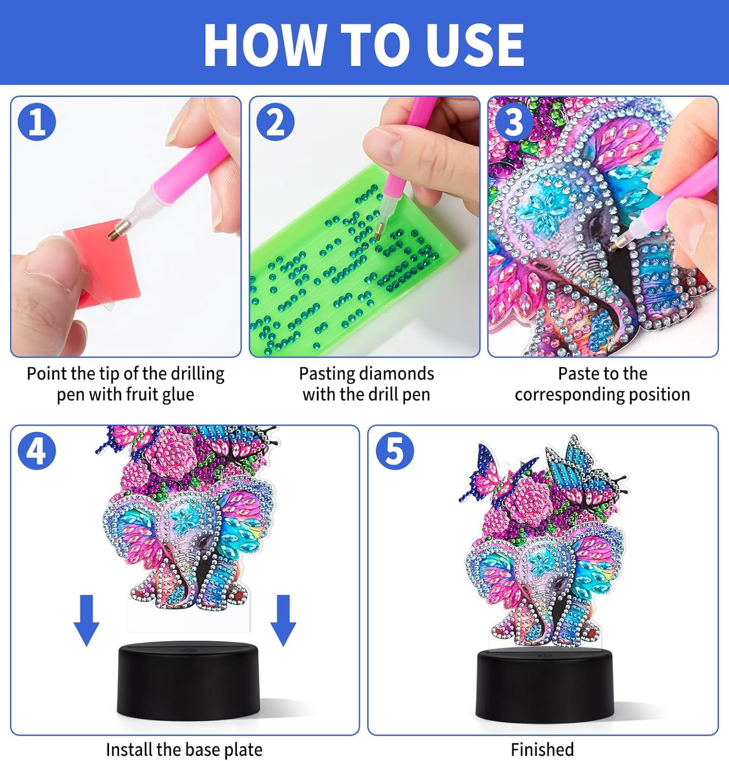 Elephant Diamond Painting Night Light, Touch Lamp Desktop Ornament for Adults Beginners, Home Bedroom Decor