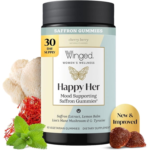 Winged Wellness Happy Her Mood Gummies - Daily Mood Enhancer Support Supplement for Women - Vitamin D with Saffron, Lemon Balm, & Lions Mane Mushrooms for Balance & Calming Relief - 50 Vegan Gummies