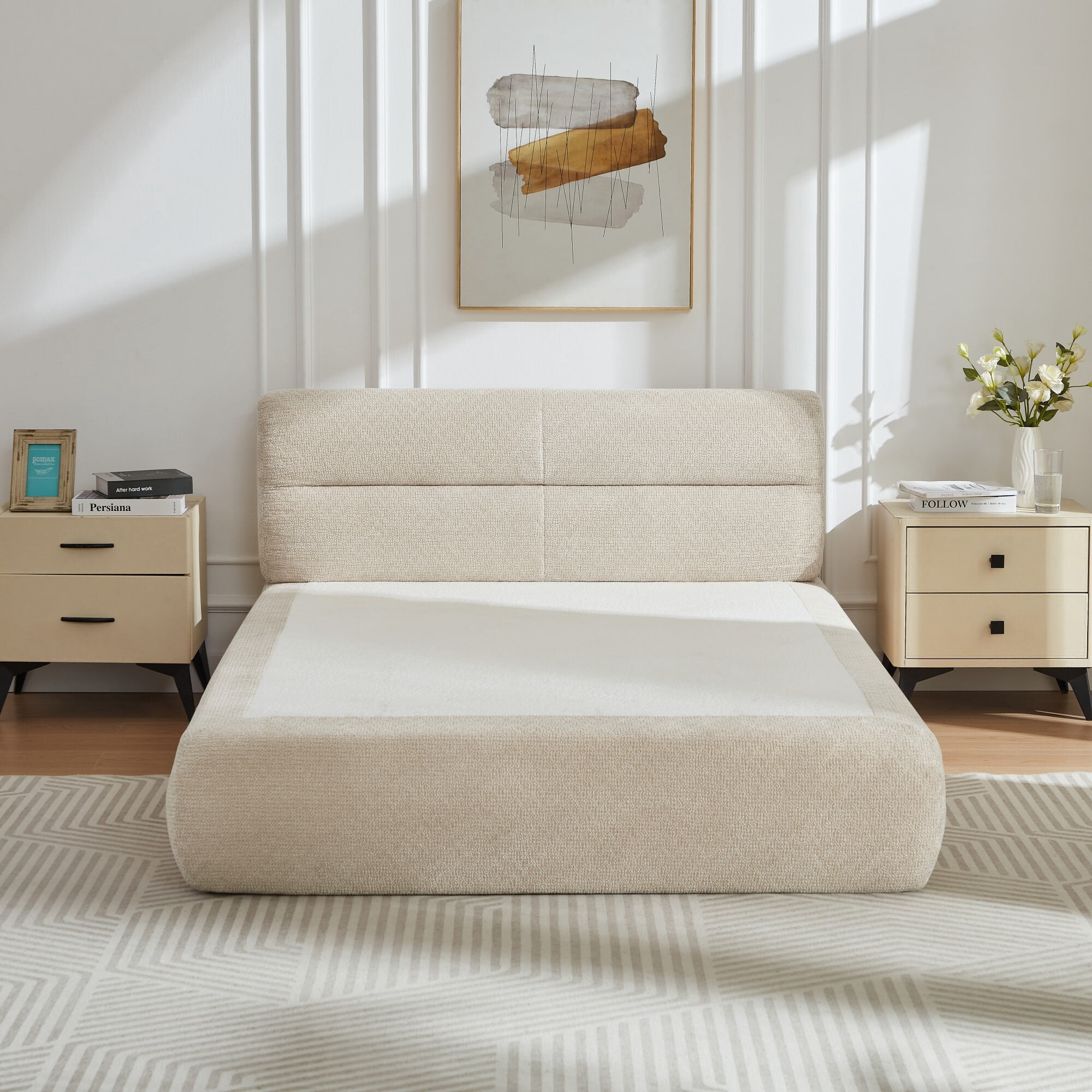 DEALTOPS Modern Upholstered Chenille Bed, Compressed Platform Bed with Spring Support, No Assembly, Beige