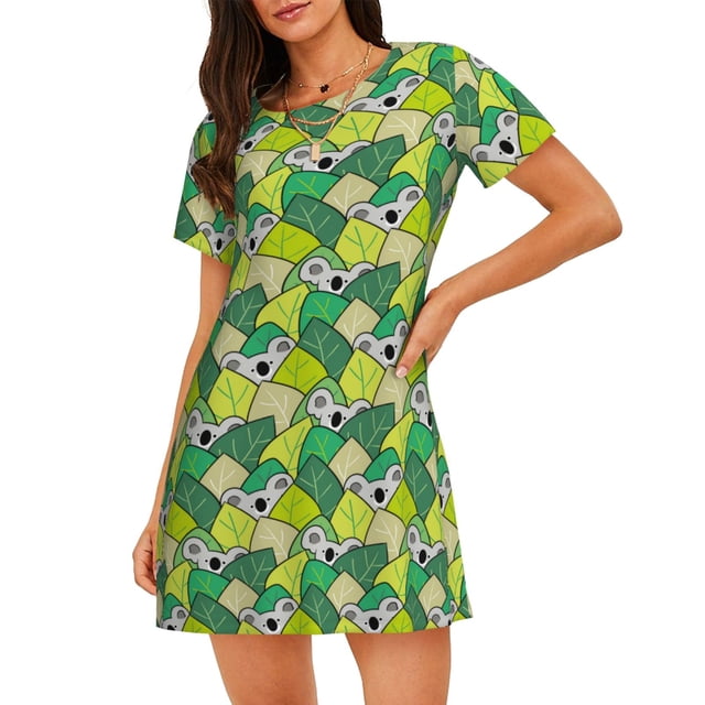 Disketp Cartoon Koala Bear and Leaf para Camisón Corto de Manga Corta para Mujeres, Camisón Cómodo con Escote Redondo, Bonito y Confortable