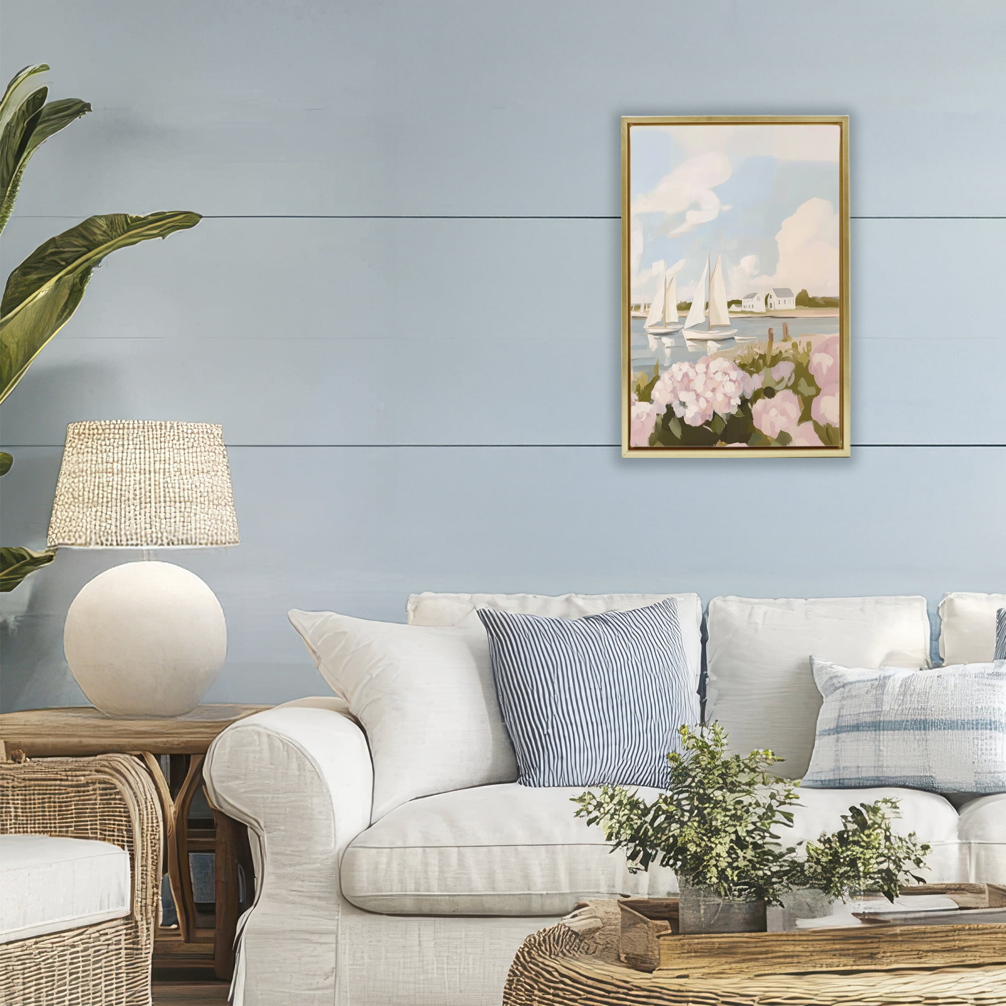 Stupell Industries Pink Hydrangeas with Sailboats Gold Framed Floater Canvas Wall Art, design by Sisi and Seb
