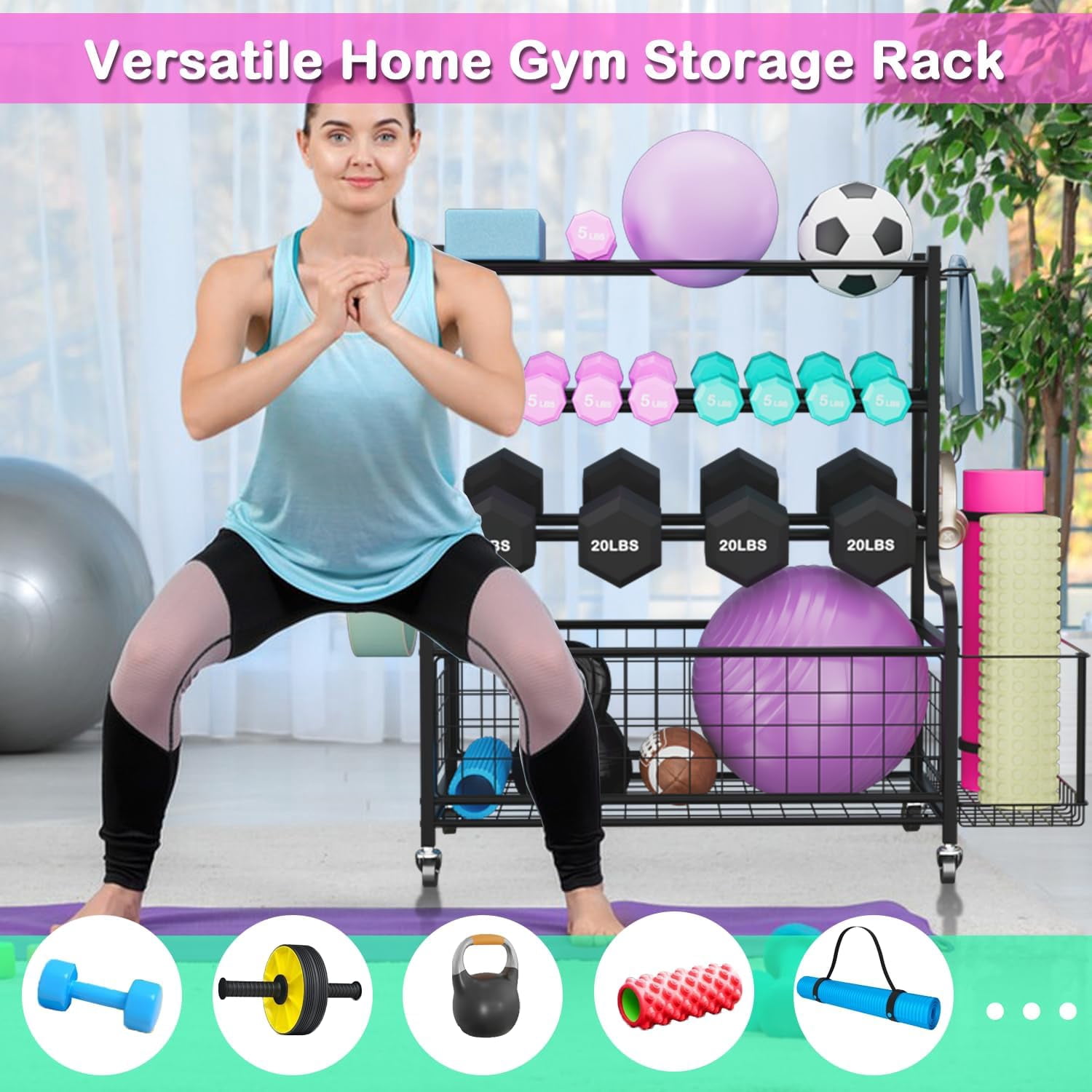 Ztysn Workout Yoga Fitness Equipment Rack for Home Gym,Weight Dumbbell Yoga Mat Foam Roller Storage Rack Organizer with Wheels and Hooks,Metal/Black