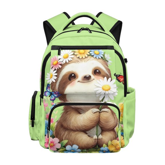 FUIALDOLG Multi Pocket Bookbag for Back to School Travel, 600D Polyester Lightweight Zaino per ragazze, Cute Sloth Floral Butterfly