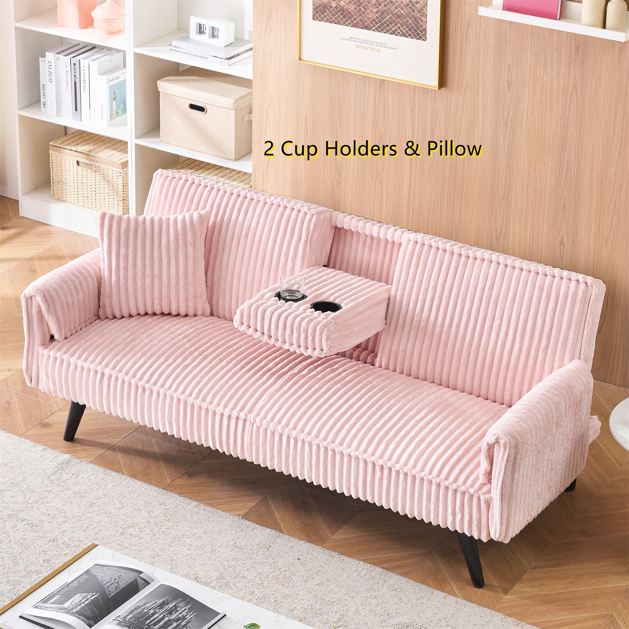 Aukfa 72" Futon Convertible Sofa Bed, 2 Cup Holders& Pillow, Straight-line Tufted Corduroy, Pink