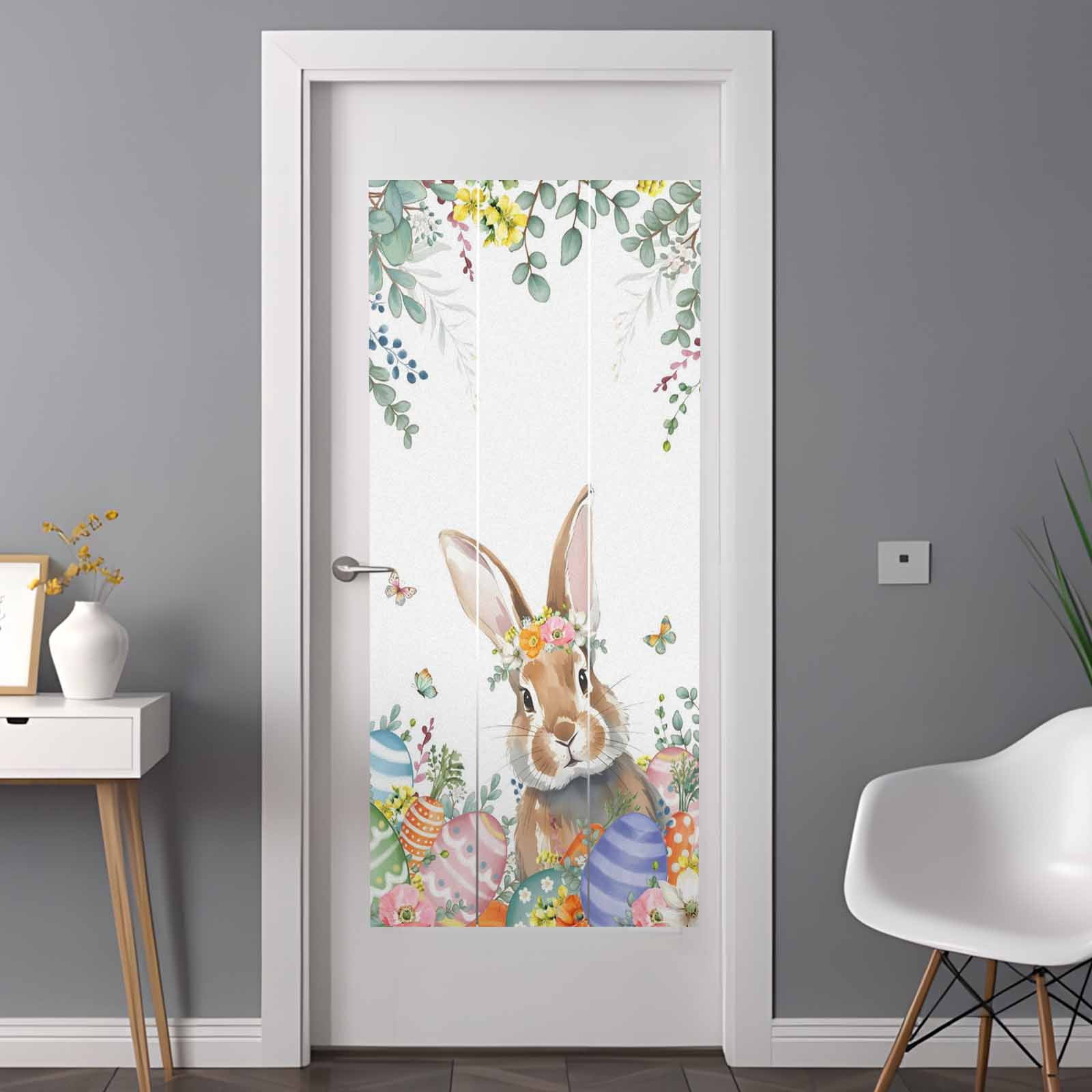 Easter Rabbit Window Privacy Film, Watercolor Floral Bunny Colored Eggs Leaf Frosted Glass Window Clings Static Cling UV Heat Blocking Reusable Door Sticker for Bathroom 35.4 x 78.7 Inch
