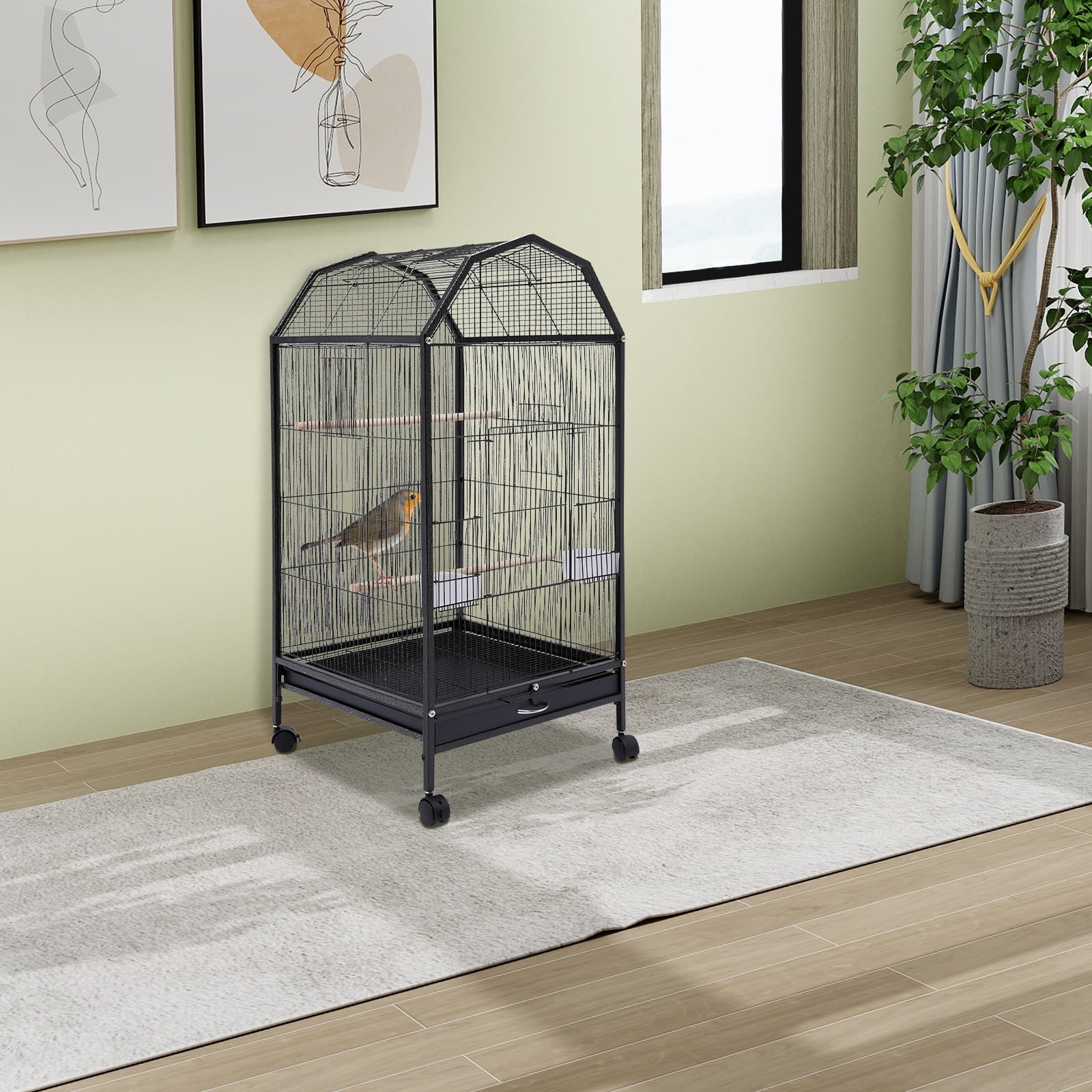Parakeet Bird Cage with Stand, 39.9H Inch Large Bird Cages with 4 Universal Wheels and 2 Feeding Cups,Finch Bird Pet Bird Flight Cages,for Cockatiel Conure Macaw Budgie