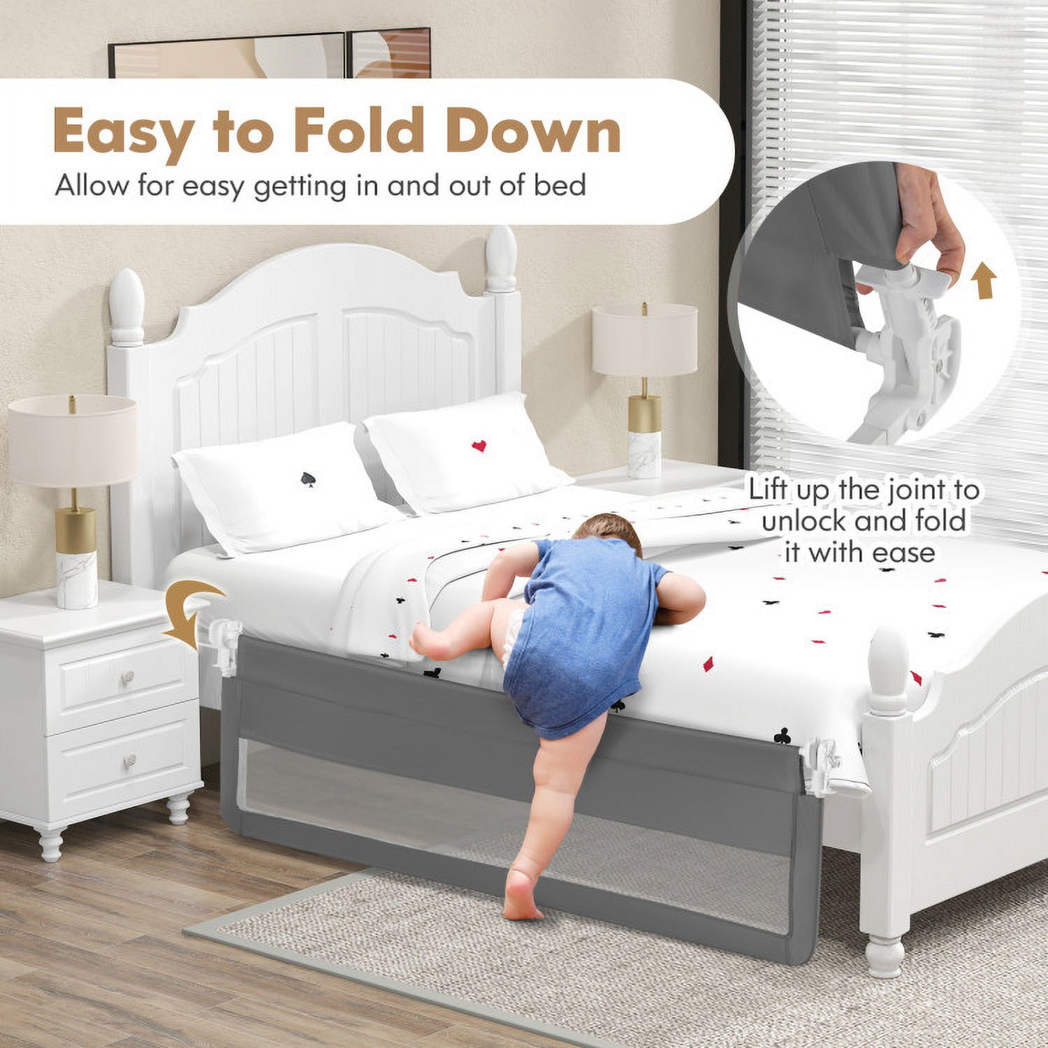 YYAo Bed Guard Rails,Bed Fence,Bed Gate for Baby,71 Inch Extra Long Swing Down Bed Guardrail with Safety Straps-Gray