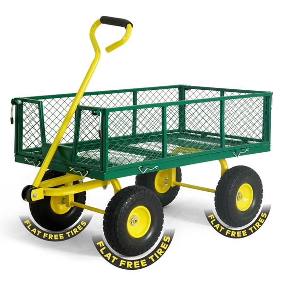 CAPHAUS Metal Green Garden Cart, w/ 180° Adjustable Yellow Handle, w/ Mat and Strap, Heavy Duty 880 lbs Capacity, w/ 10” Flat-Free Tires, Sides Removable, Utility Wagon, Yard Cart, for Garden, Farm