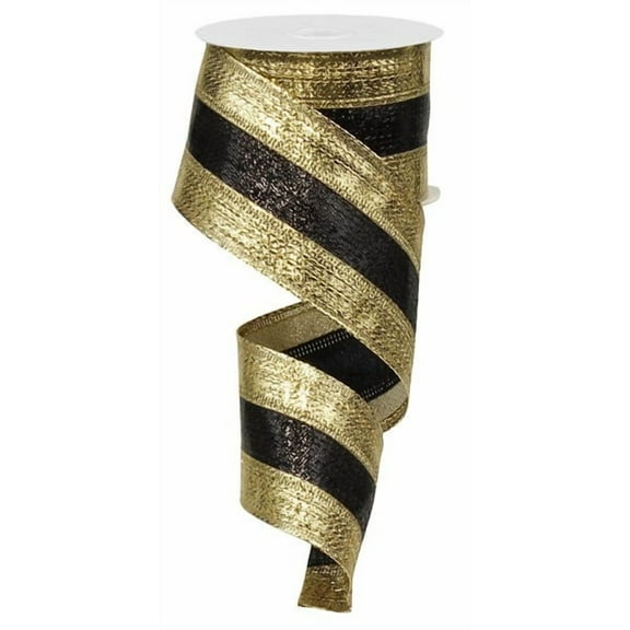 2.5" Wide Expressions Metallic Stripe Vertical Line Wired Ribbon Black & Gold (10 Yards) Fall & Halloween