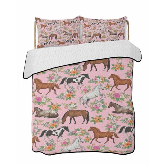Quilts Twin-XL Size Bedding Set, Pink Horse Lightweight Quilted Comforter, Rustic Spring Floral Summer Botanical Soft Reversible Bedspread Coverlet with Pillow Covers for All Season, 68" x 98"