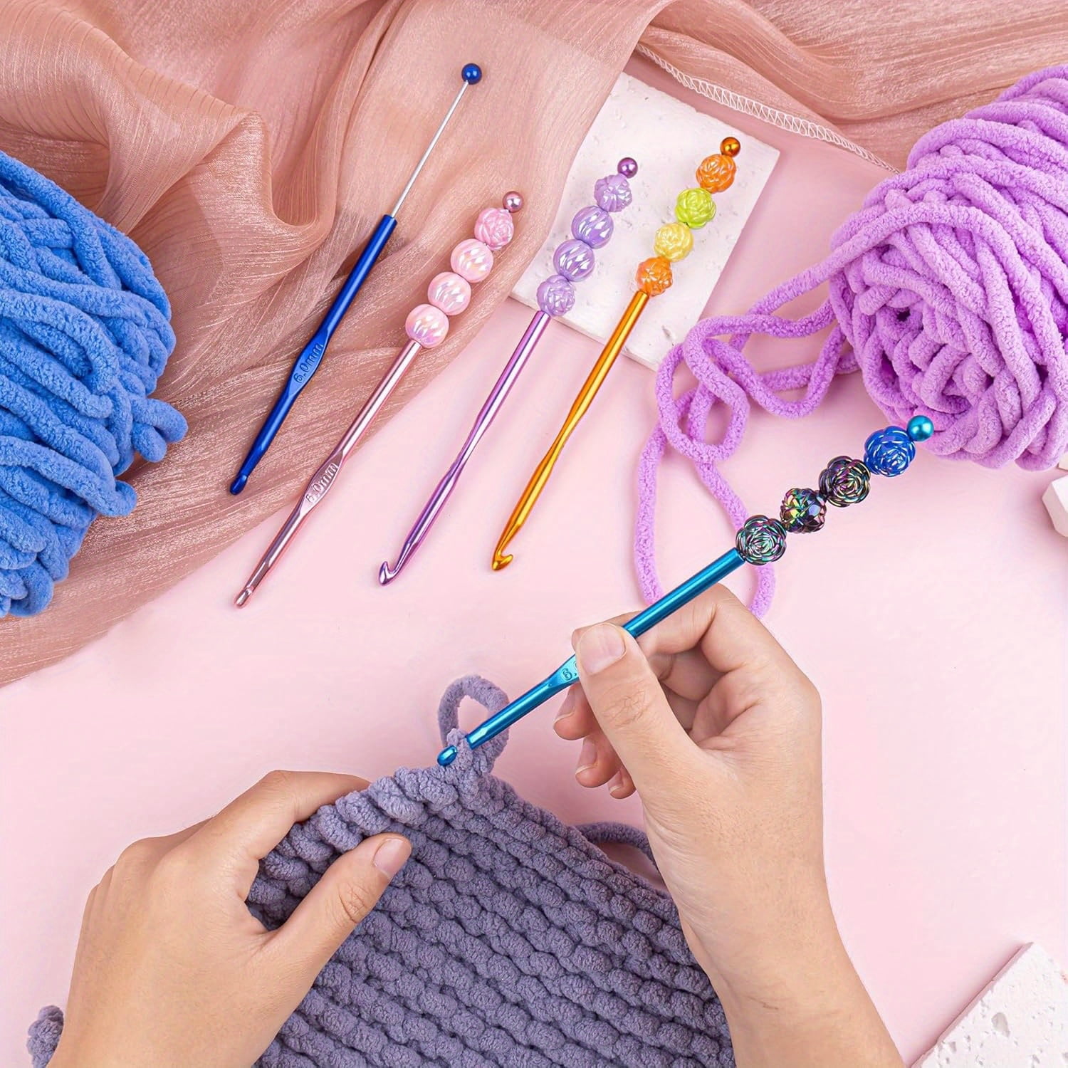 24Pcs DIY Beadable Crochet Hooks Beadable Knitting Needles Set Aluminum Handle for Beads DIY Gift for Women DIY Jewelry Making Supplies