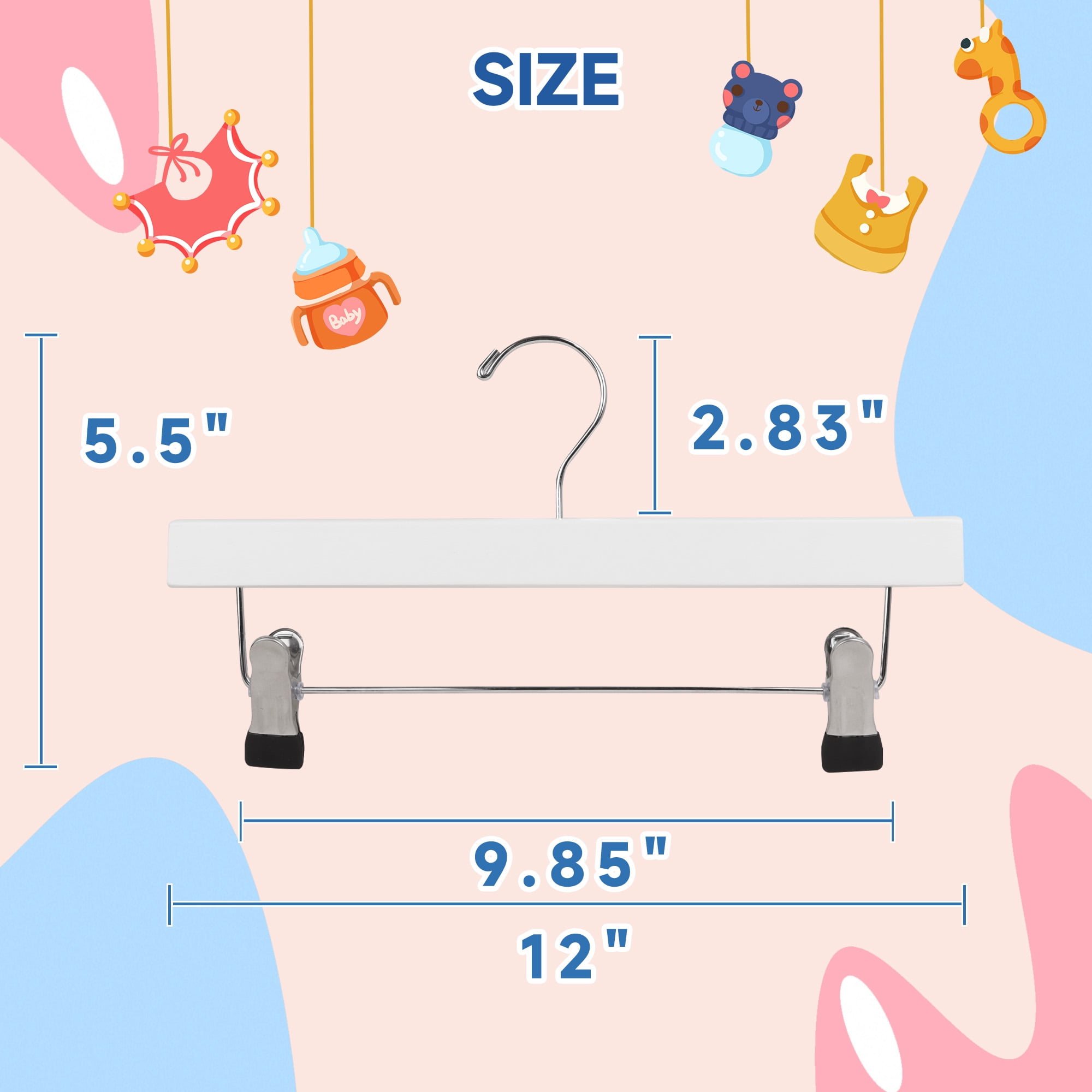 BP4U 12-Pack Kids Wooden Hangers for Toddler & Baby Clothes, Baby Solid Wood Pants Skirts Hangers with Clips for Children's Trousers, Slacks, Jeans