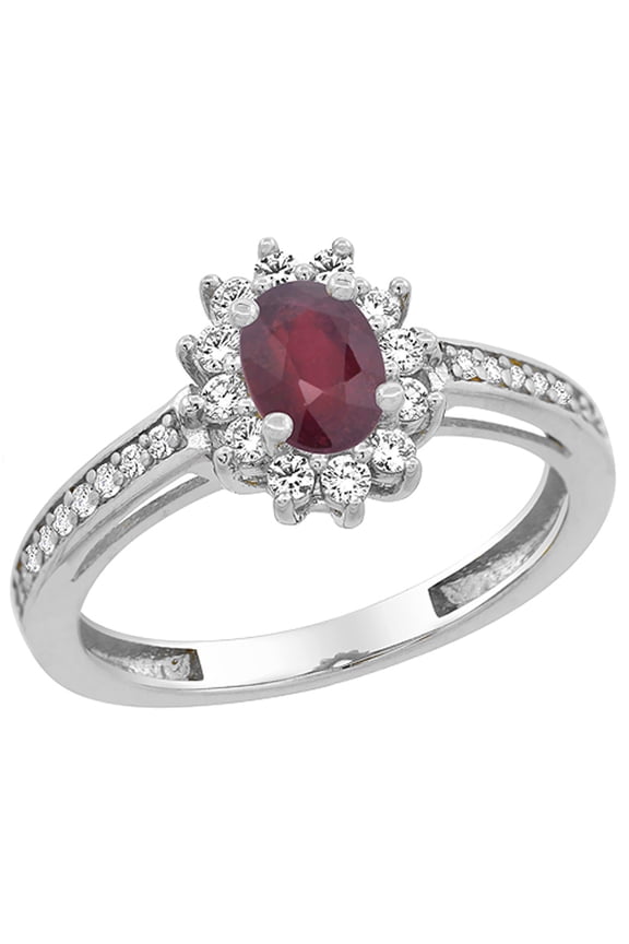 14K White Gold Enhanced Ruby Flower Halo Ring Oval 6x4mm Diamond Accents, size 8.5