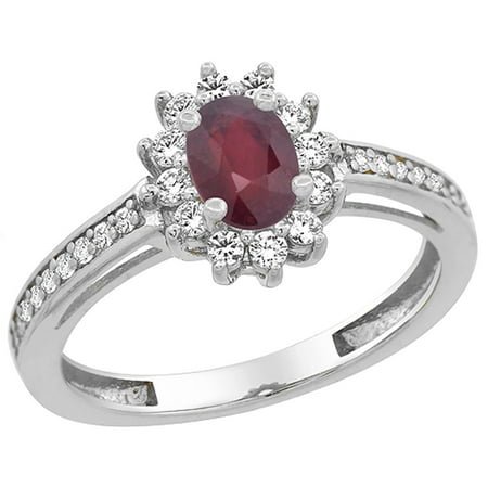 14K White Gold Enhanced Ruby Flower Halo Ring Oval 6x4mm Diamond Accents, size 5