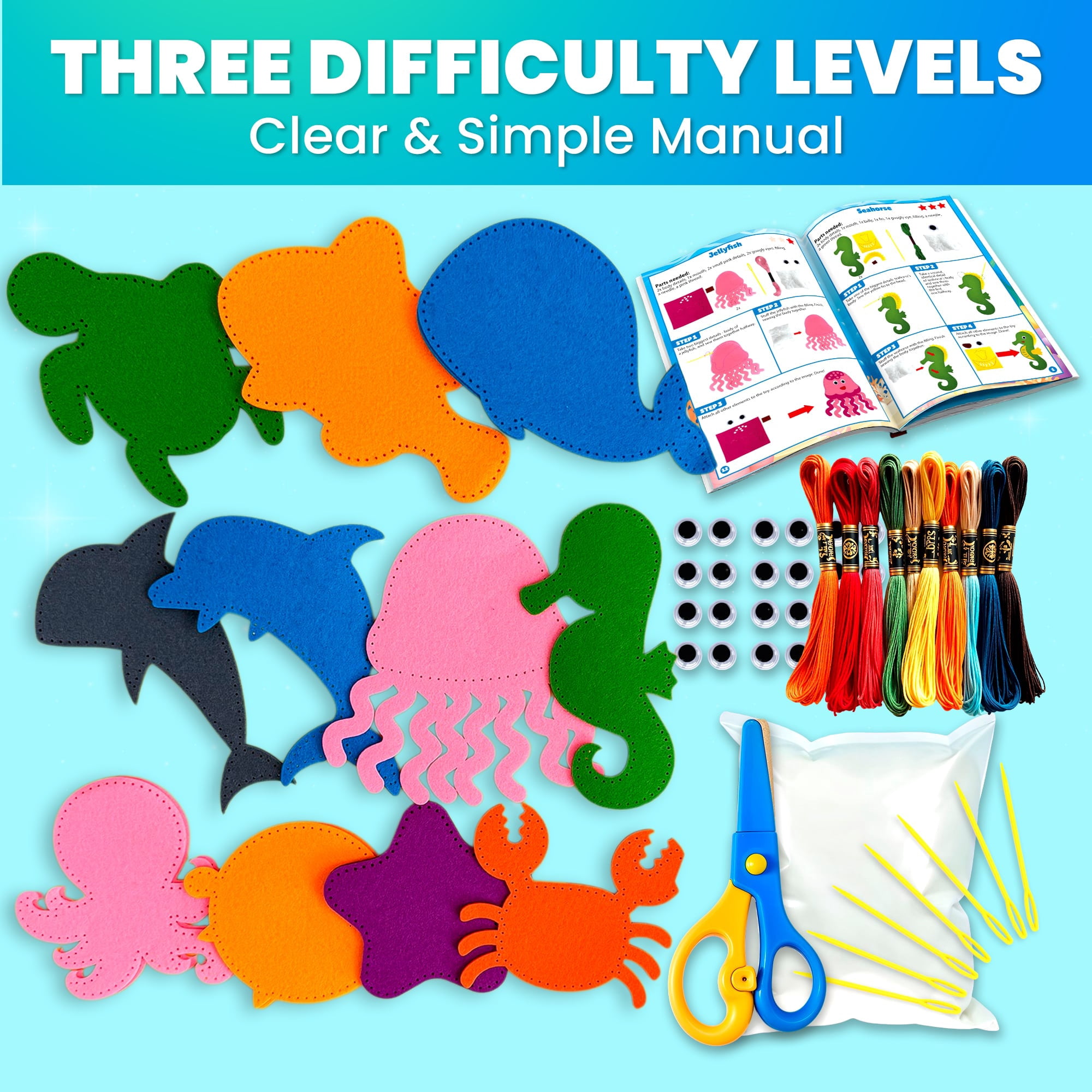 Quokka Kids Crafts Ages 4-8 - Arts Crafts for Kids Ages 6-8 Girls Boys - Sea Animals Sewing Kit Basic