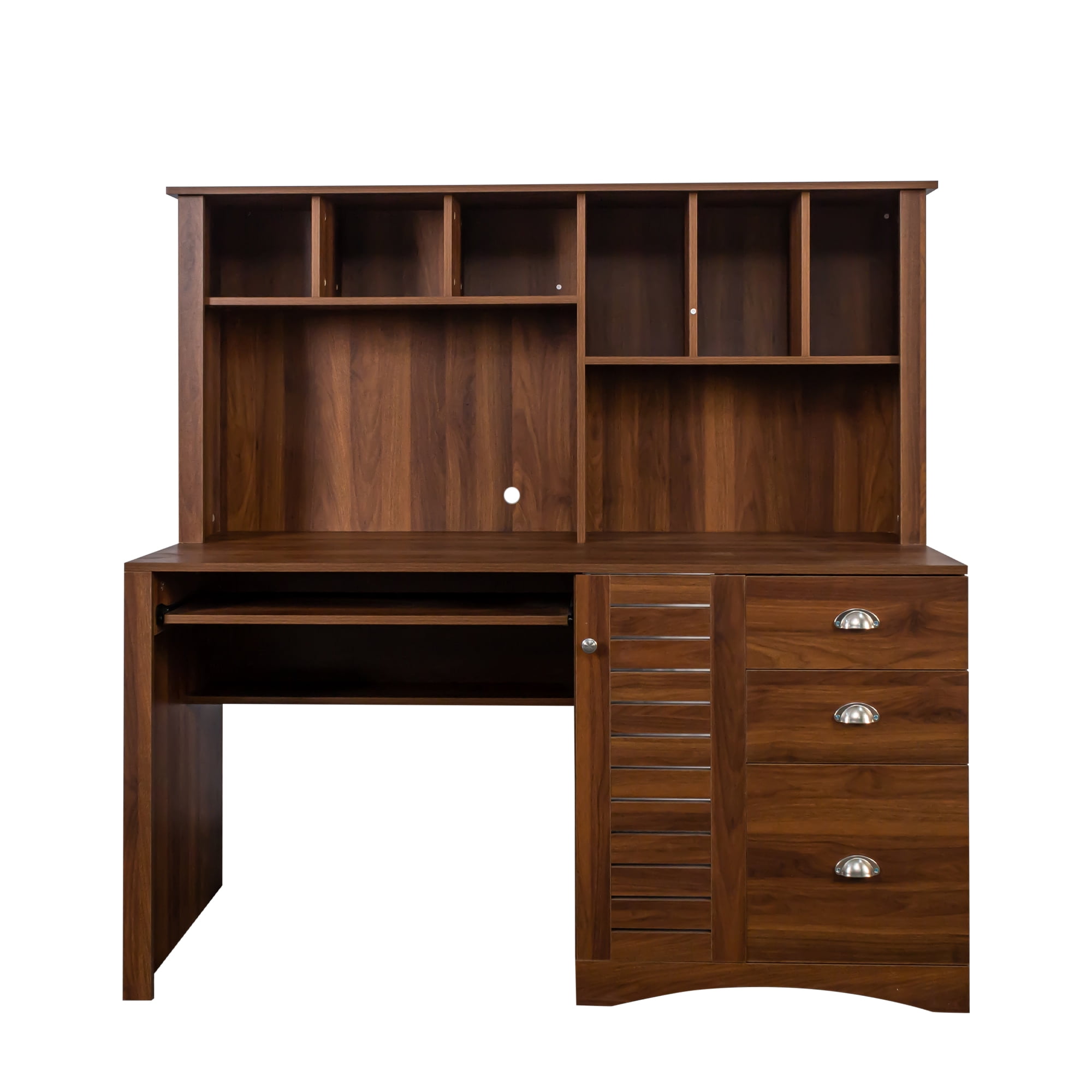 GAKMCIL 59.06"(L) Computer Desk with 2-tier open Hutch, 3 large drawer & Keyboard Tray, Home Office Desk, Executive Desk, Large Writing Desk, Space-Saving Design for Study or Bedroom Workspace,Walnut