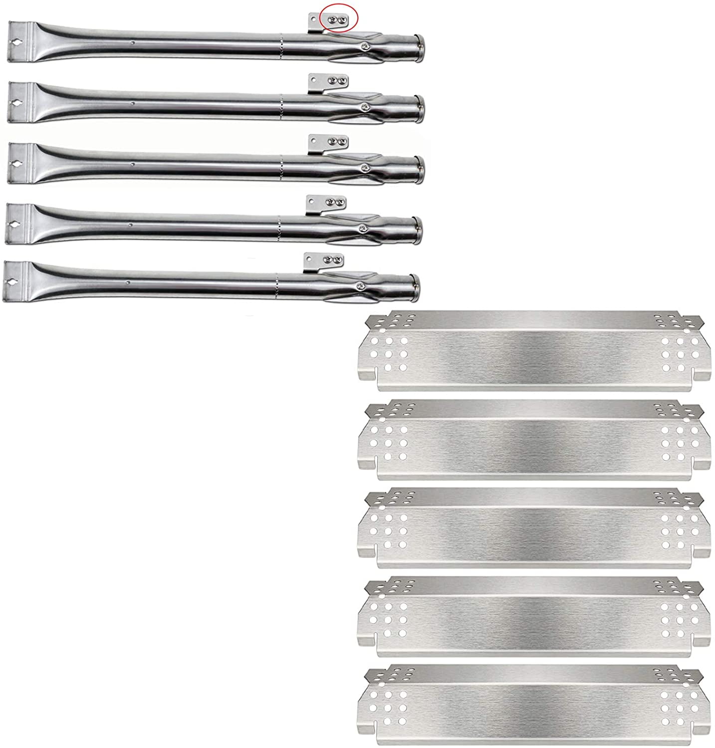 Set of 5 Replacement Burners and Stainless Steel Heat Plates Tent Shield Replacement Kit for Nexgrill 720-0888 720-0888N 720-0830H