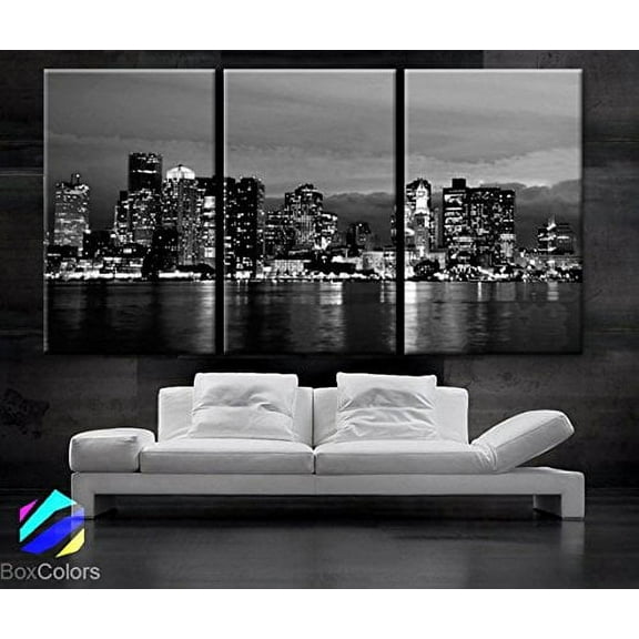 BoxColors - Large 30"x 60" 3 Panels 30"x20" Ea Art Canvas Print Beautiful Boston Downtown Skyline Wall Home Decor Interior (Included Framed 1.5" Depth)