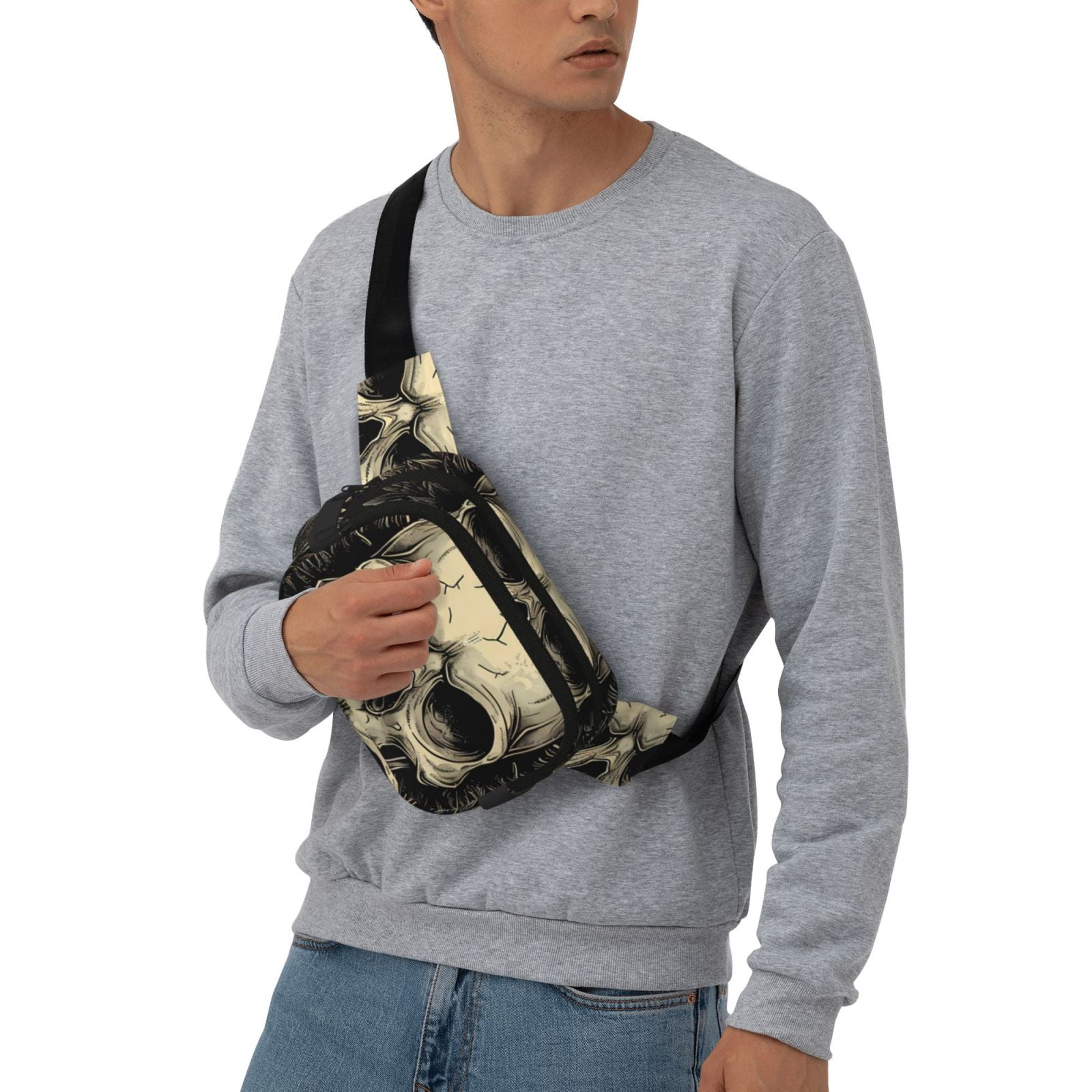 Fuzoiu Gothic Winged Skull Print Unisex Square Double Layer Waist Bag,Crossbody Fanny Pack Travel Workout Accessory