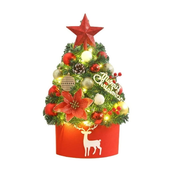 Costeam 17 Inch Tabletop Mini Christmas Tree Set with LED Lights, Christmas Ball Ornaments, Pre-Lit Small Artificial Tree Decoration for Xmas Table Indoor Holiday(Red)