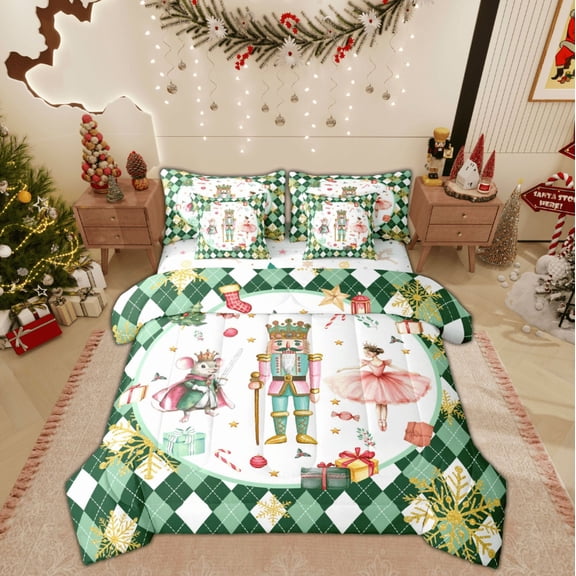 Feelyou Green Christmas Nutcracker Twin Bedding Sets 7-Piece, Ballet Princess Bedding Comforter Set, Western Festival Reversible Sheet Sets, Luxury Bedroom Decor
