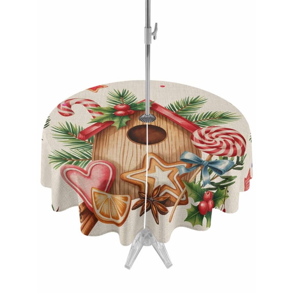 Outdoor Tablecloth with Umbrella Hole and Zipper, Christmas Pine Round Table Cloth 54 Inch Waterproof Tablecloth, Candy Cane Sage Leaves Retro Beige Picnic Table Cover for Patio Camping