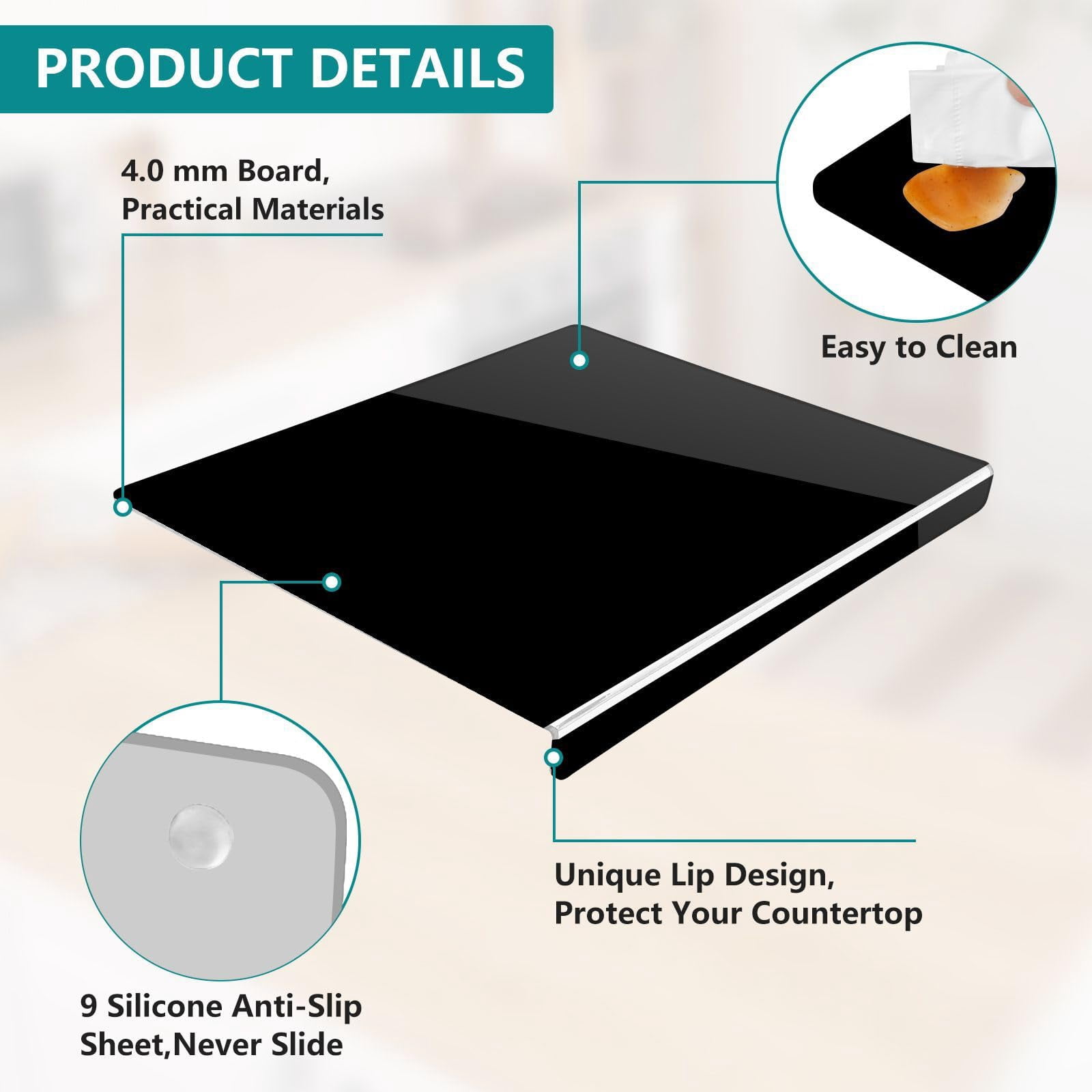 EVER BETTER Acrylic Cutting Boards for Kitchen, 17"×13.4" Thick Block Vegetable Bread Meats Fruits Board with Counter Lip, Anti-Slip CuttingTray,Black