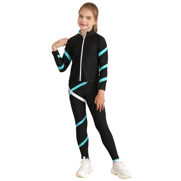 renvena Kids Ice Skating Jacket with Figure Skating Leggings Girls Zipper Outwear and Dance Pants Set Size 6-16 Blue Green 16