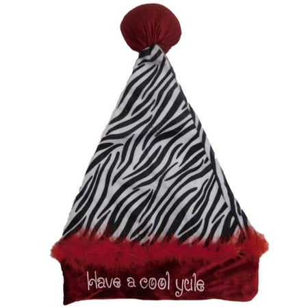 Womens Black & White Zebra Stripe Animal Print Cool Yule Pom Pom Santa Claus Hat